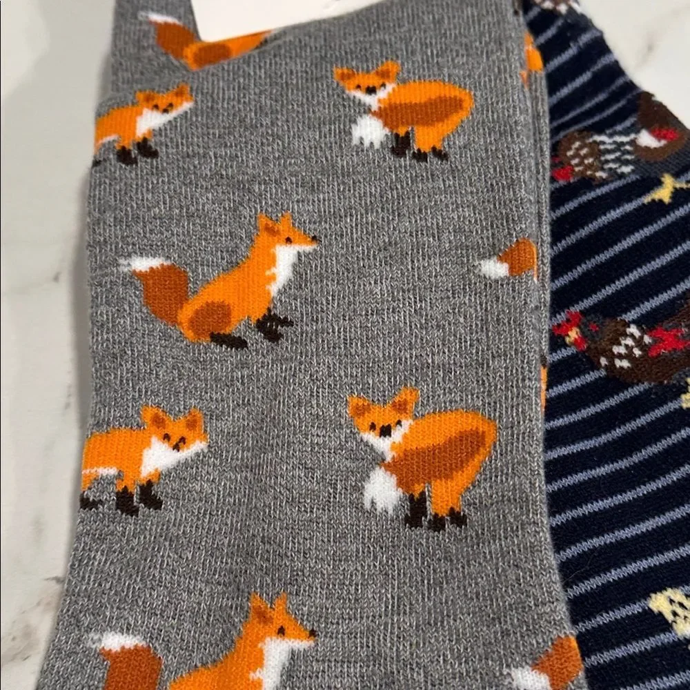 Twisted Toes Crew Socks Mens 8-13 NEW 2 Pair Fox Chickens Rooster Novelty Socks